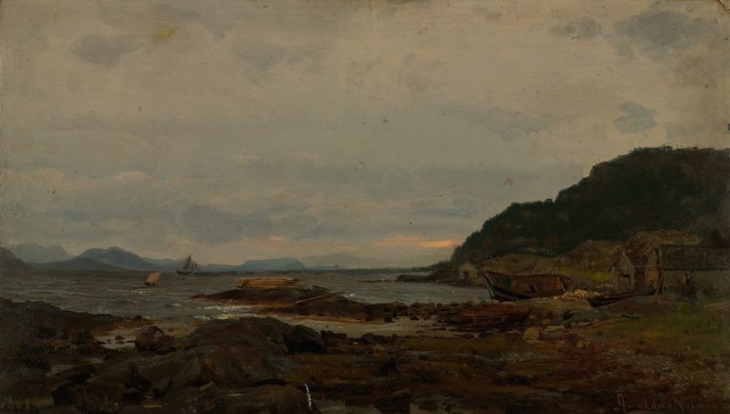 Pintura de paisaje al óleo de Amaldus Nielsen con colinas, lluvia y reflejos de luz en el agua