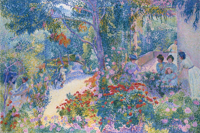 Tarde no Jardim, pintura a óleo de Henri-Edmond Cross, apresentando figuras em um jardim vibrante.