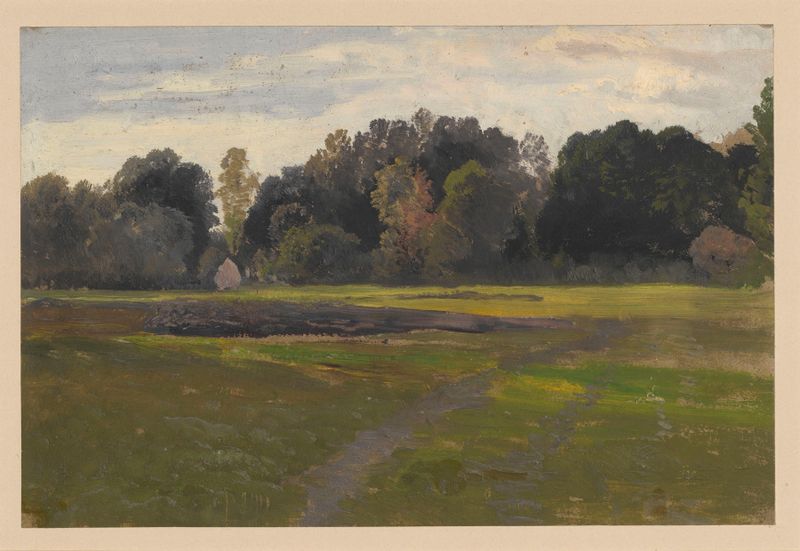 Paisaje con un prado y un bosque de Adolf Dressler, pintura al óleo