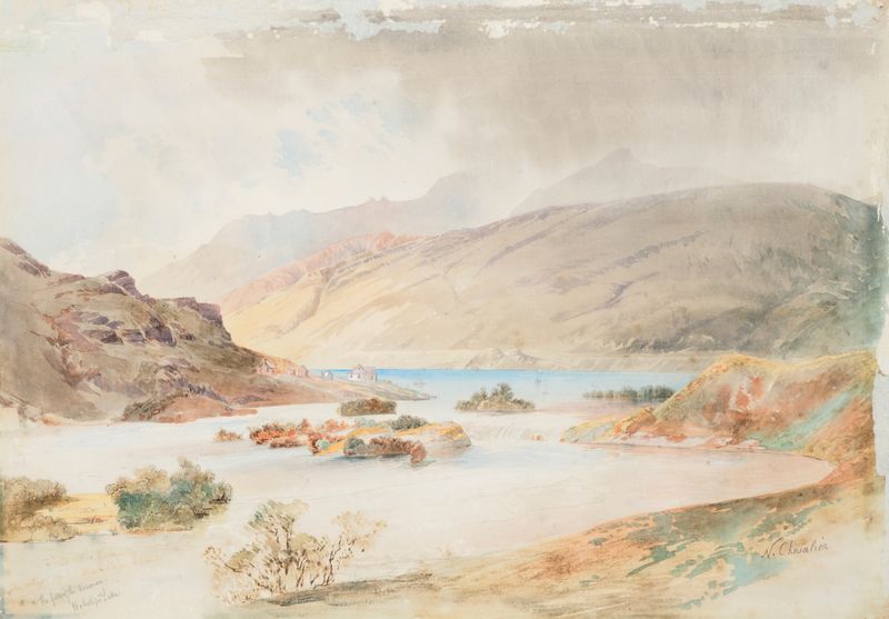 Las Caídas del Kawarau, Lago Wakatipu de Nicholas Chevalier, pintura al óleo que representa una cascada y montañas.