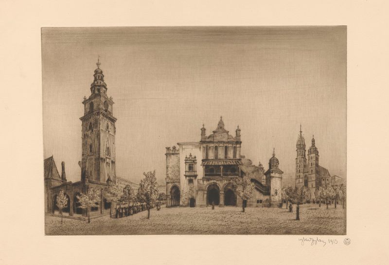 Escena de género que representa un mercado con figuras de Władysław Skoczylas, 1913