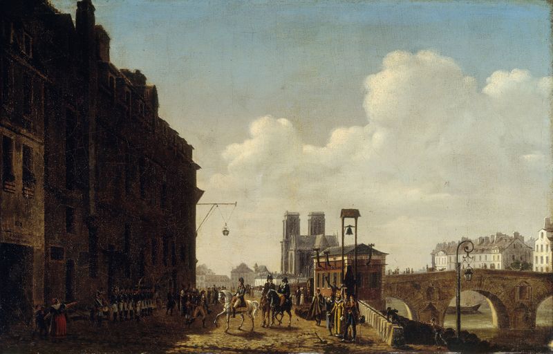 Escena histórica de L’empereur visitant la Halle aux vins et à l’eau de vie de Etienne Bouhot, medio desconocido.