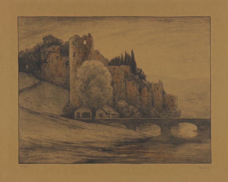 Pintura al óleo de paisaje de Simon Moulijn con un castillo y colinas