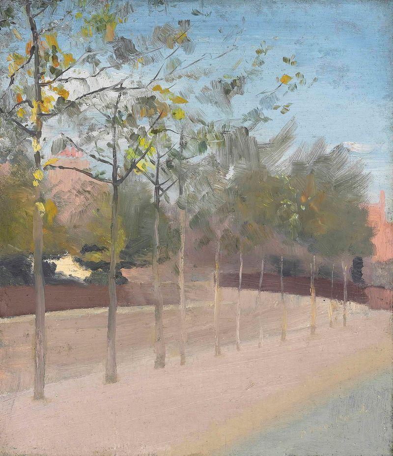 Chelsea Embankment, Plane Trees by Paul Fordyce Maitland, oil on canvas showing sunlight filtering through leaves.