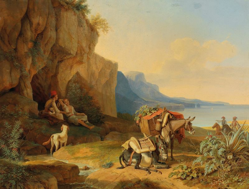 Pintura a óleo de Carl Wilhelm von Heideck que retrata uma mulher descansando em uma paisagem tranquila.