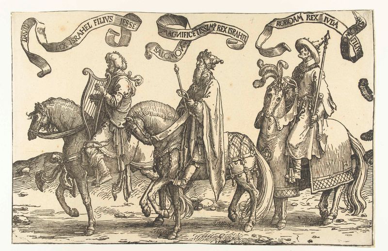 Koningen David, Salomo en Jerobeam de Lucas van Leyden, pintura al óleo que muestra figuras bíblicas en discusión silenciosa.