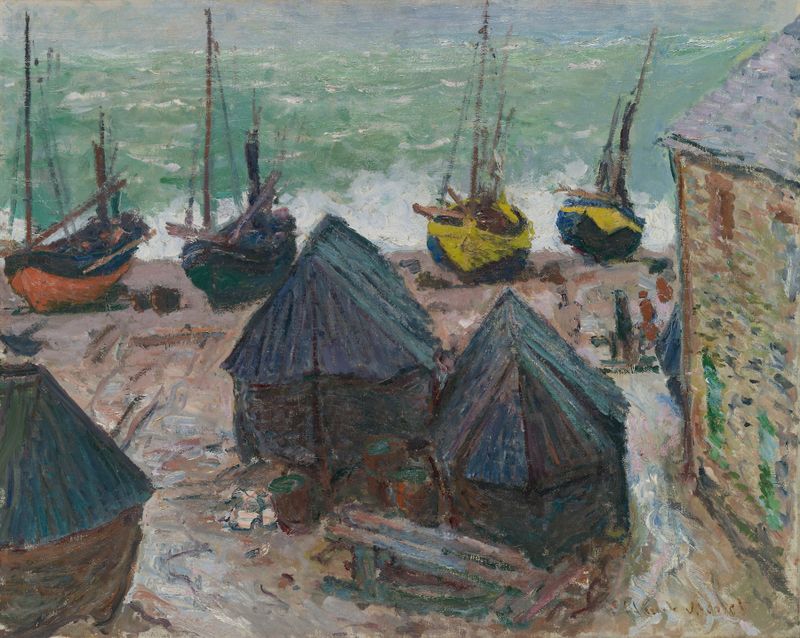 Barcos na praia de Étretat, pintura a óleo de Claude Monet