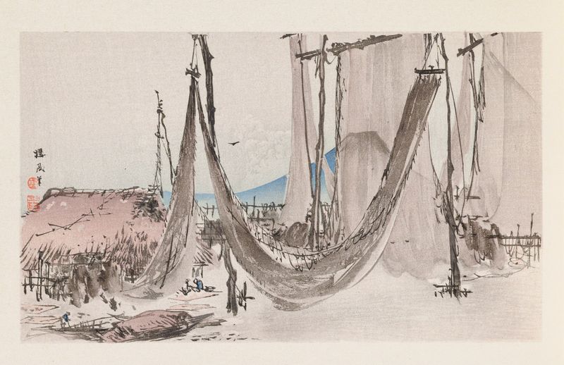 Japanese ink wash landscape by Takeuchi Seihō, featuring mountains and serene nature.