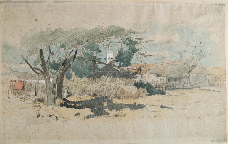 Country farms in Orońsk by Jozef Brandt, oil on canvas depicting rural landscape with farmhouses and hills.