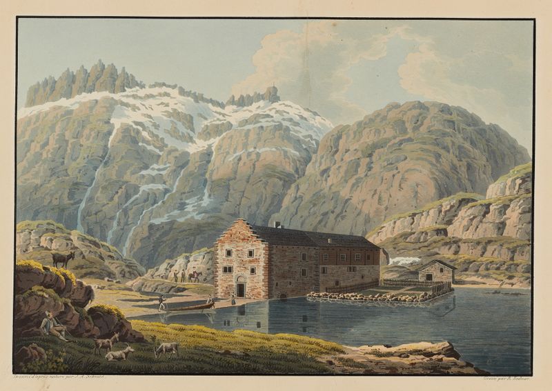 Paisaje que representa montañas y cielo en L’hospice à la Grimsel de David Alois Schmid, medio desconocido.