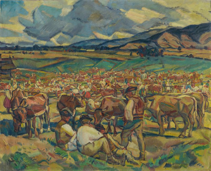 The Cattle Market in Heľpa by Gustáv Mallý, realism, depicting farmers and livestock in a rural market.