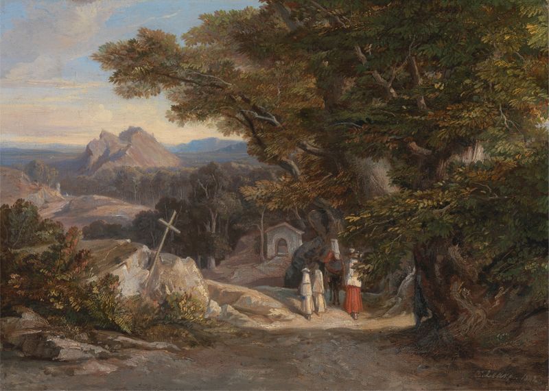 Aquarela de Edward Lear retratando uma paisagem vibrante com ricos azuis e verdes.