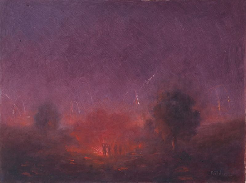 Obra figurativa de Dezider Czölder, pintura al óleo, que presenta una silueta inquietante en medio del caos.