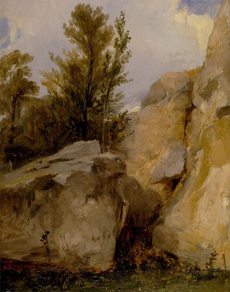 Paisaje forestal con luz solar y hojas caídas de Richard Parkes Bonington, pintura al óleo
