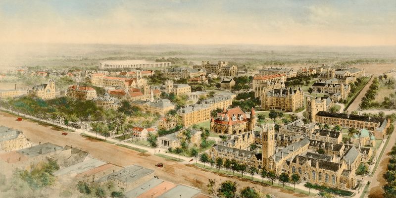 Watercolour by Richard Rummell depicting Princeton University with ivy buildings and green lawns.