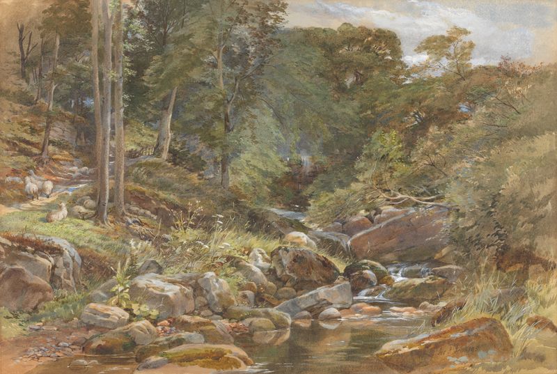 Larpool Beck – Whitby de Joseph John Jenkins, óleo sobre lienzo que representa un paisaje fluvial tranquilo