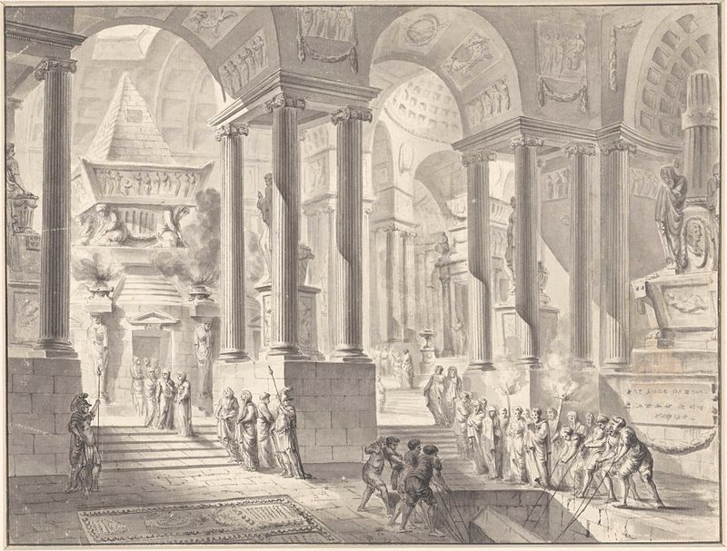 Óleo sobre tela de Jacques François Blondel representando uma cena de sepultamento em um interior clássico.