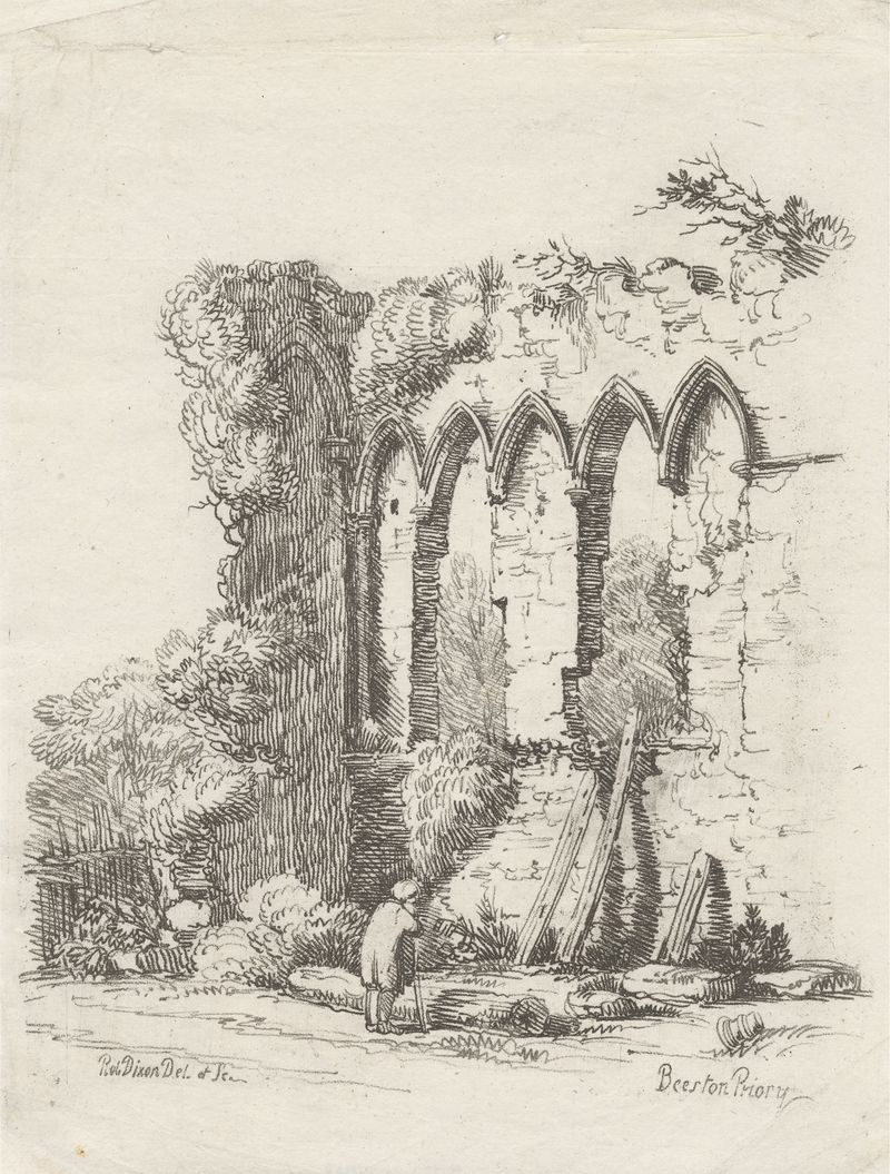 Beeston Priory, Beeston Regis by Robert Dixon, oil painting depicting ancient ruins and serene landscape.