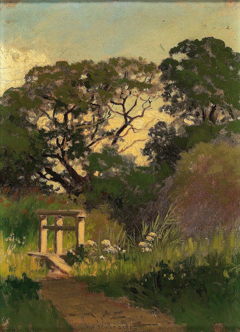 Paisaje con un arroyo y un puente de Ludwig Willroider, Impresionismo