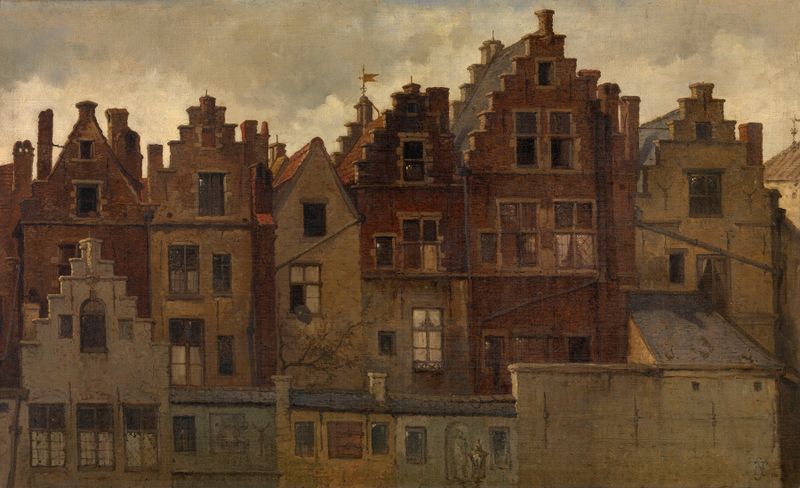 Old Façades on the Handschoenmarkt, oil on canvas by Henri François Schaefels