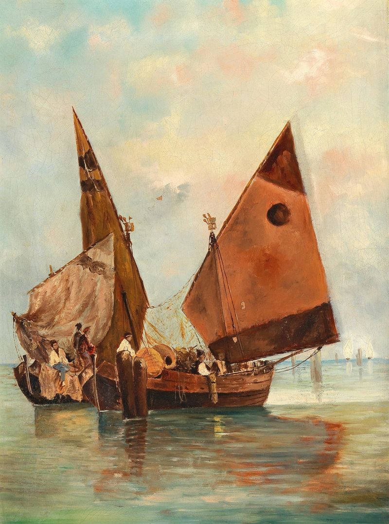 Boat with sails moored in a lagoon, oil on canvas by Leontine von Littrow