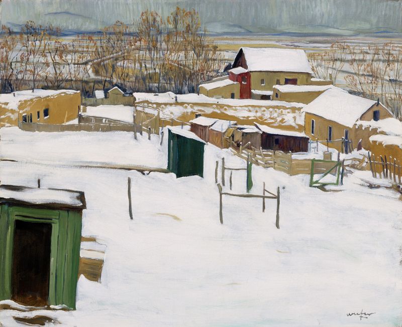 Taos in the Snow by Walter Ufer, oil painting of snow-covered mountains under a blue sky