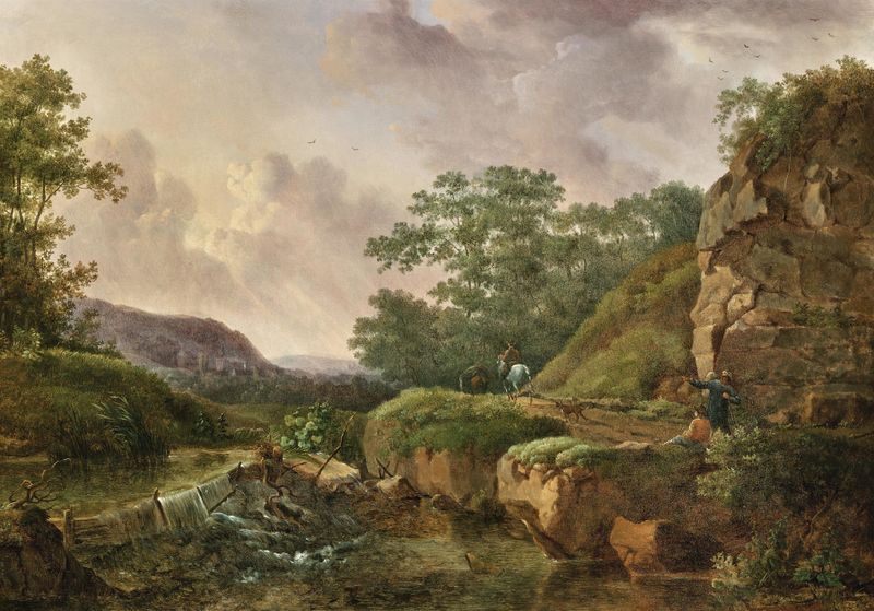 A Mountain Landscape with Travellers, oil painting by Julien Joseph Ducorron