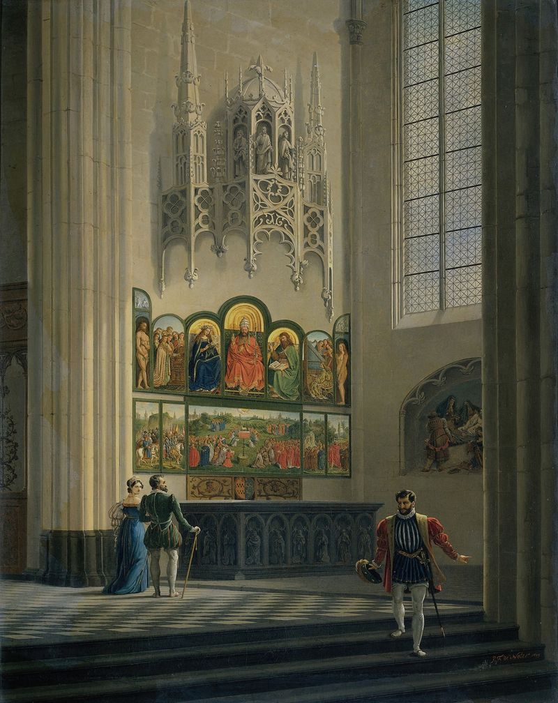 The Ghent Altarpiece by Pieter-Frans De Noter, oil on wood, depicting a heavenly choir and divine figures.