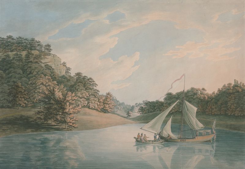 The Lake, Hawkstone Park, Shropshire by John Emes, oil on canvas depicting tranquil waters and trees.