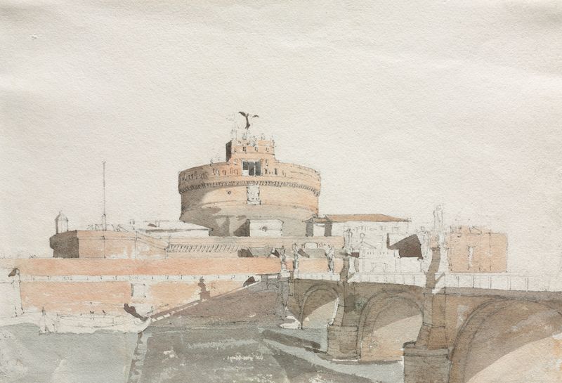 Castel Sant’ Angelo de Thomas Ender, óleo sobre tela que retrata uma grande fortaleza em uma paisagem serena