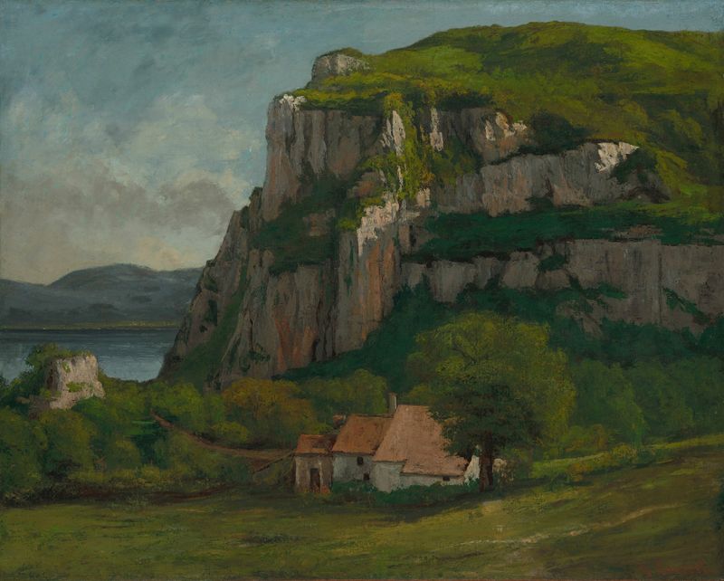 A Rocha de Hautepierre de Gustave Courbet, óleo sobre tela mostrando rochas rugosas e grama exuberante.