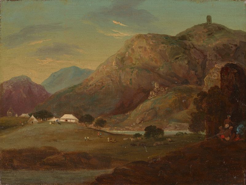 An encampment by a river at dusk, watercolor on paper by Sir Charles D'Oyly