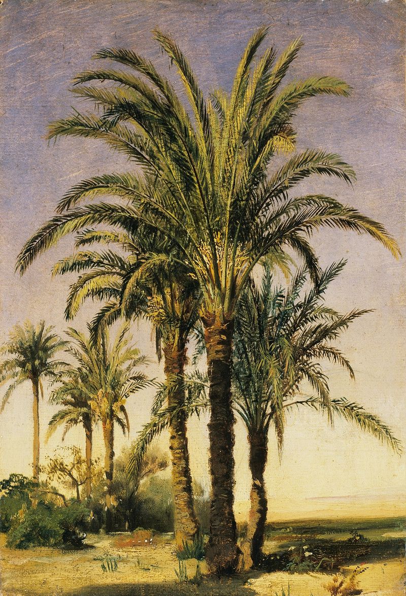 Palm Trees by Prosper Marilhat, depicting palm fronds against a blue sky, oil painting