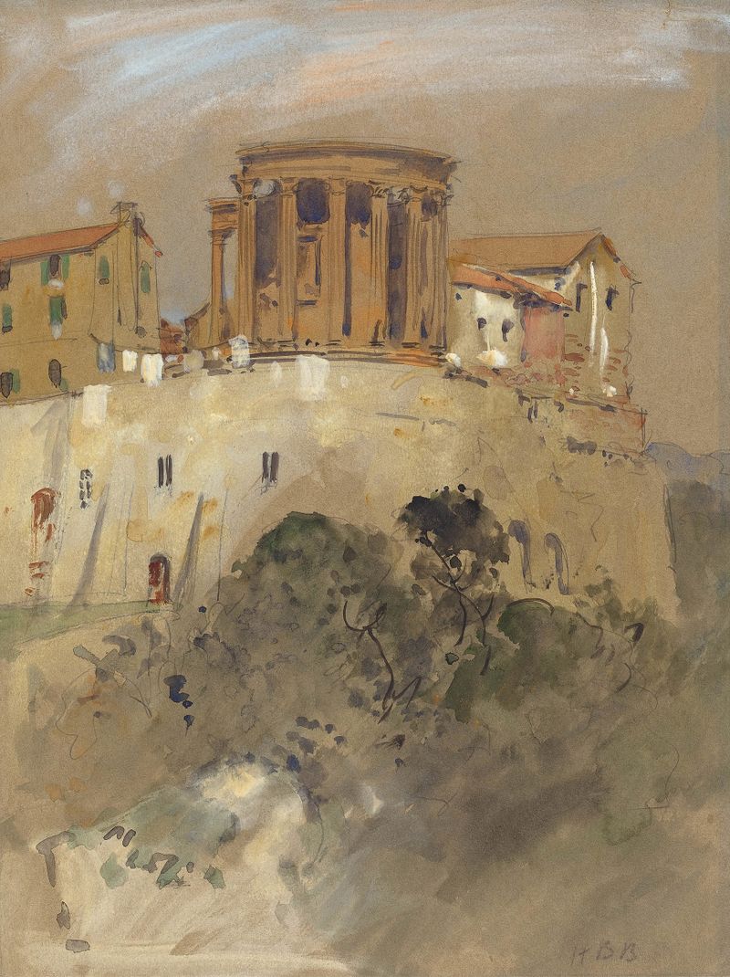 Temple of Vesta at Tivoli by Hercules Brabazon Brabazon, oil painting depicting ancient ruins and lush landscape.