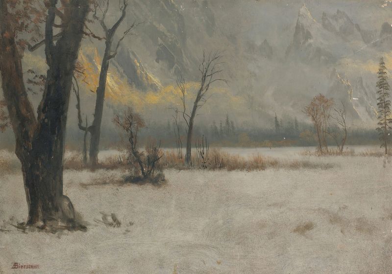 Paisaje invernal óleo de Albert Bierstadt con terreno cubierto de nieve y cielo cobalto.