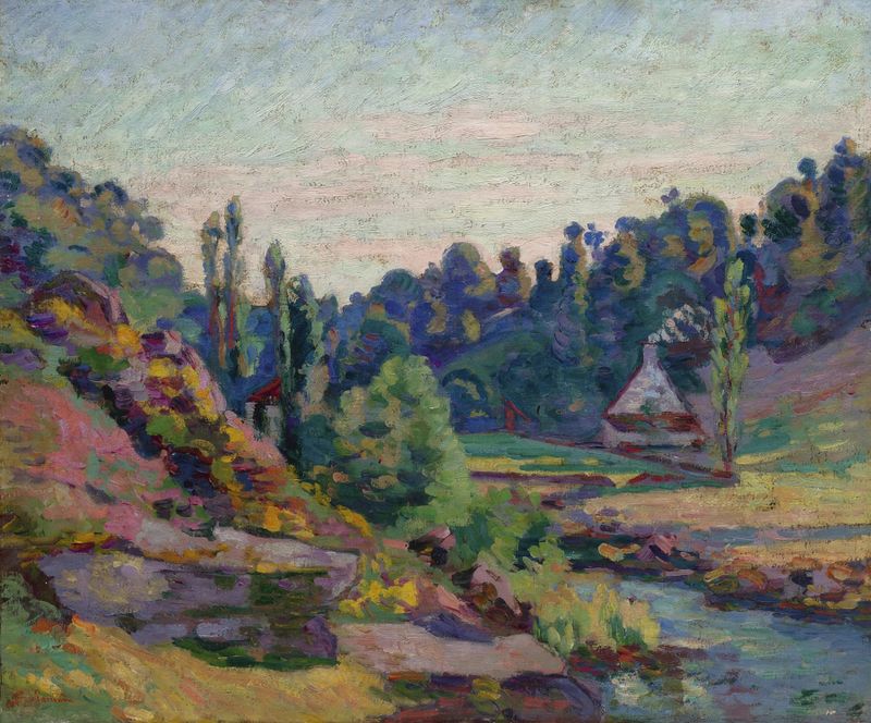 Le Moulin de Jonon, Creuse de Armand Guillaumin, óleo sobre lienzo que muestra un molino en un paisaje exuberante.