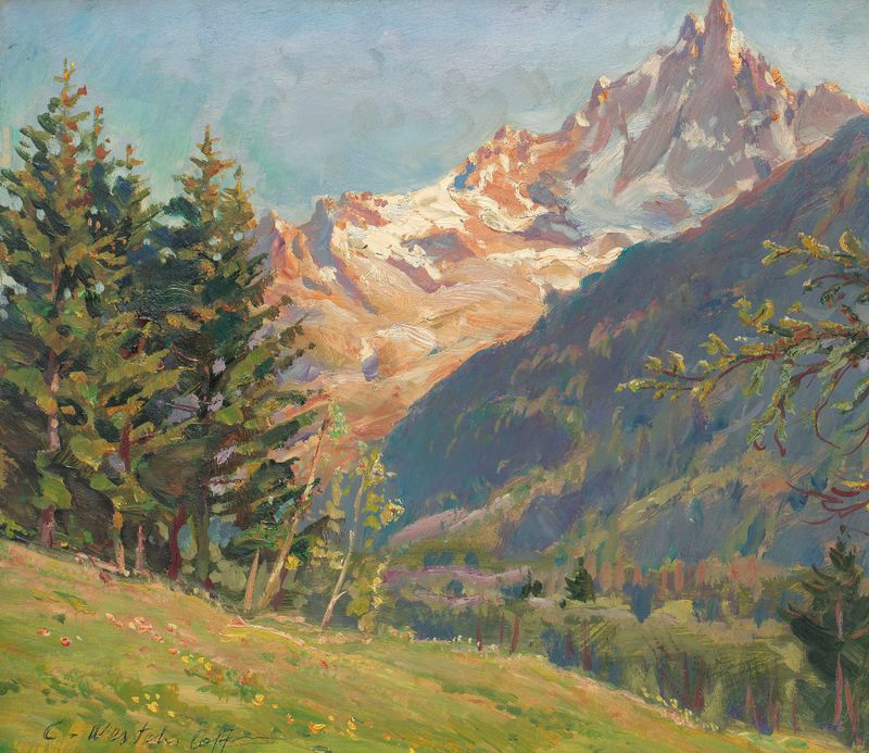 Landscape oil painting by Constantin Westchiloff depicting hills and sky.