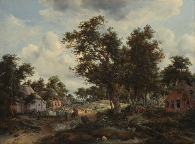 Un paisaje boscoso con viajeros en un camino, óleo sobre lienzo de Meindert Hobbema