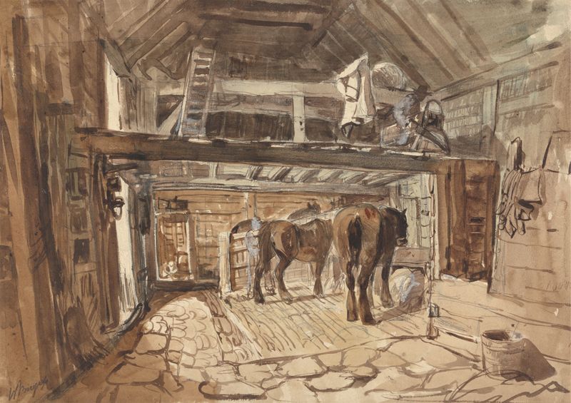 Interior de un establo con dos caballos alimentándose, pintura al óleo de William Burgess