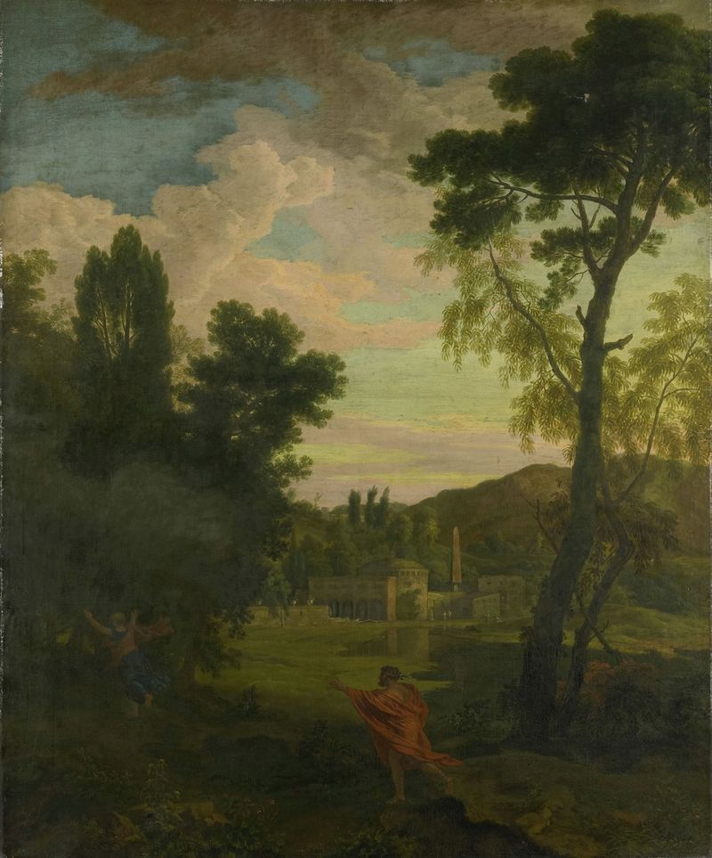 Arcadian Landscape with Jupiter and Io by Johannes Glauber, oil painting depicting a serene landscape.
