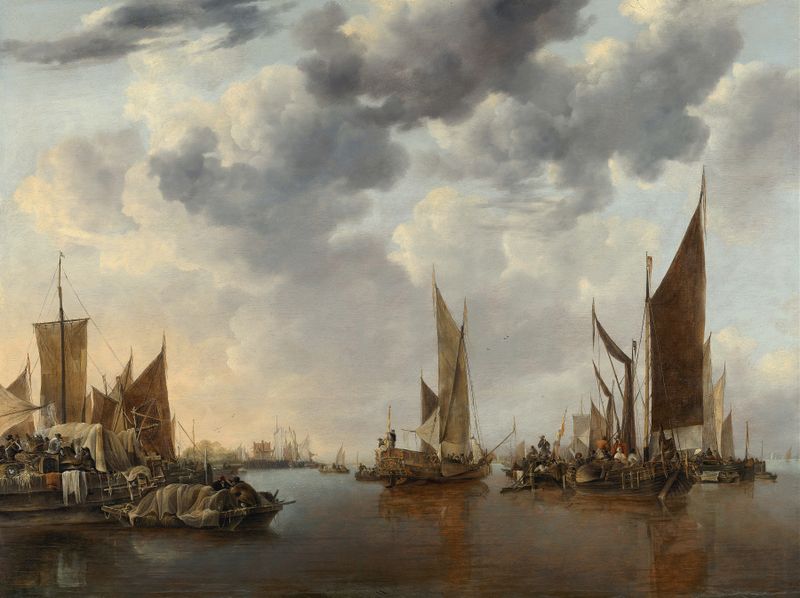 Seascape with Ships de Jan van de Cappelle, pintura a óleo que retrata navios no mar sob luz dourada