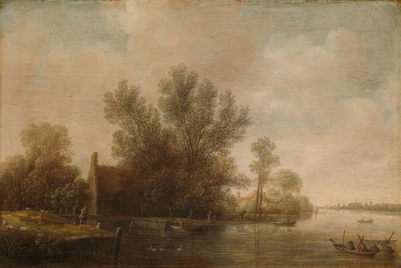 River landscape by Pieter Jansz. van Asch, oil painting depicting a serene river and sky.