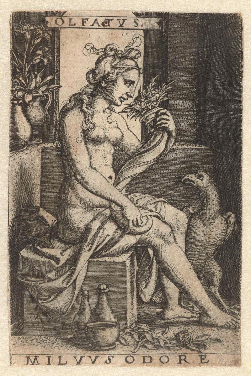 Grabado de Georg Pencz que muestra a un joven en medio de colores vibrantes y naturaleza