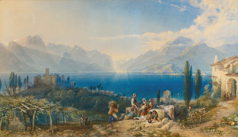 Lago Di Garda de William Collingwood Smith, óleo sobre tela representando um lago tranquilo com reflexos.