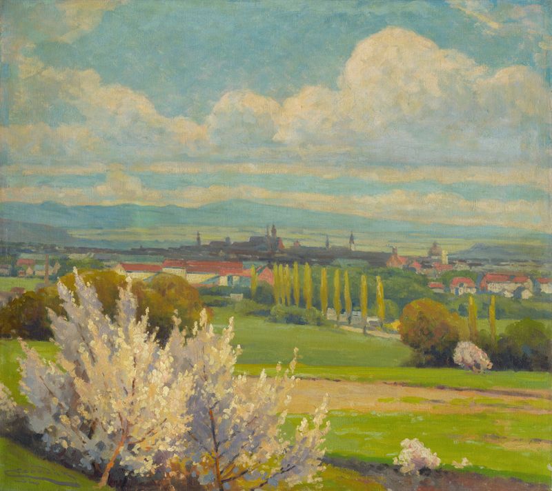 Vista de Košice de Ľudovít Čordák, óleo sobre tela, retratando uma paisagem urbana serena com céus suaves e edifícios.