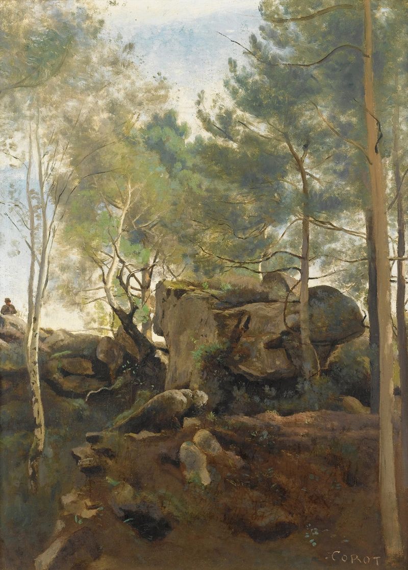 Paisaje con pinos y rocas, pintura al óleo de Jean-Baptiste-Camille Corot