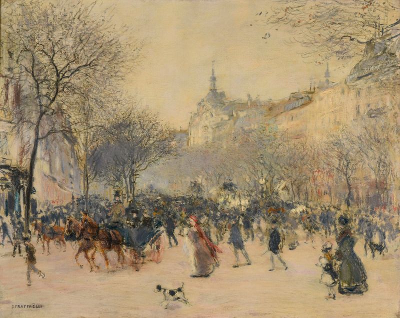 Escena de género que representa la vida urbana de Jean François Raffaëlli, pintura al óleo.