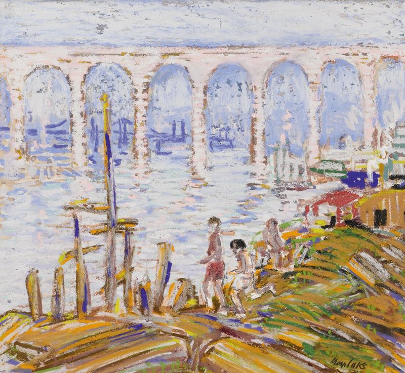 High Bridge Harlem River by George Luks, oil on canvas depicting a bridge over a river