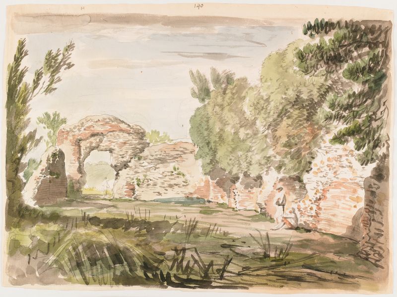 Landscape with Trees, Ruin and Three Figures by Carlo Labruzzi, oil on canvas