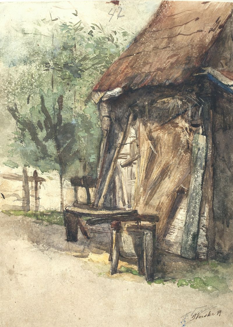Interior de un granero con un banco de trabajo y herramientas, pintura al óleo de Floris Verster